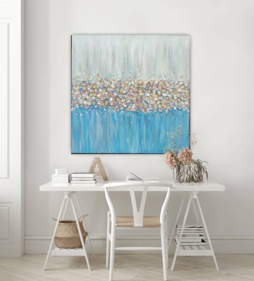 Gray and blue gold leaf painting textured impasto painting | Paintings by Berez Art