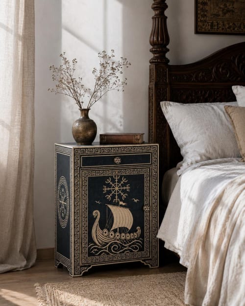 Navy Blue Bone Inlay Nightstand, Nautical Ship Coastal Bedside Table | Storage by IKKAZA