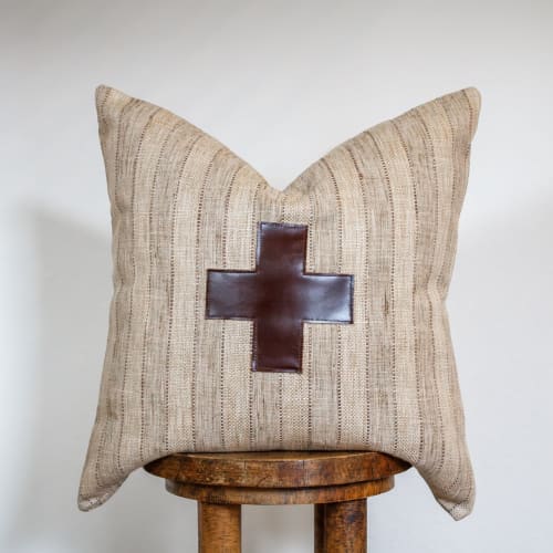 Tan "Jute" Stripes with Dark Chocolate Leather Cross Pillow 20x20 | Pillows by Vantage Design