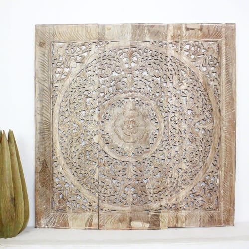 Haussmann® Teak Lotus Panel Inlay 36 in x 36 in Sand Washed | Engraving in Art & Wall Decor by Haussmann®
