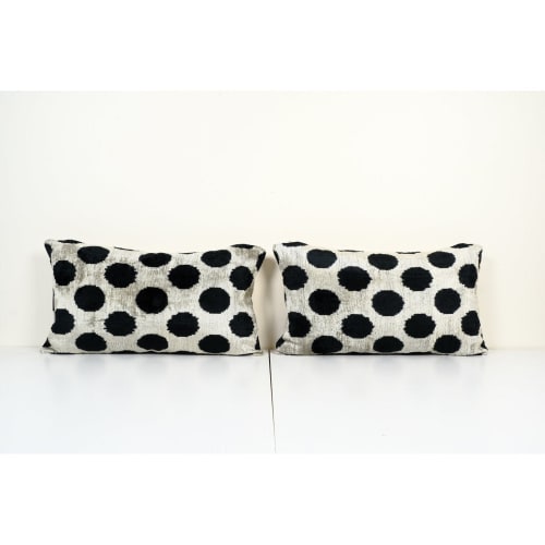 Set of Two Ikat Black Polka Dot Lumbar Pillow | Linens & Bedding by Vintage Pillows Store