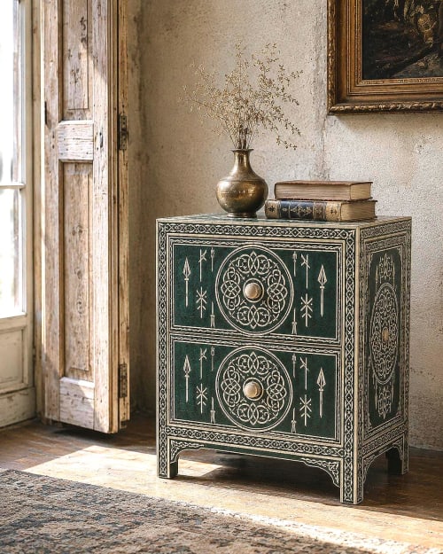 Forest Green Bone Inlay Nightstand, Celtic Medallion Boho Bedside Table | Storage by IKKAZA