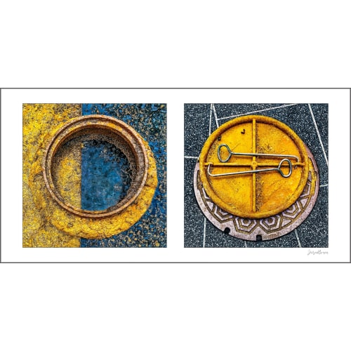 Round Pair #01: Manhole Covers, Orange and Blue | Photography by Susan Bowen Photos