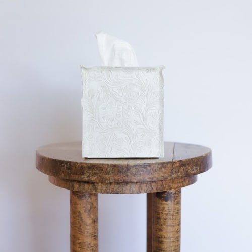 Cream Vegan Leather Single Tissue Box Cover | Decorative Box in Decorative Objects by Vantage Design