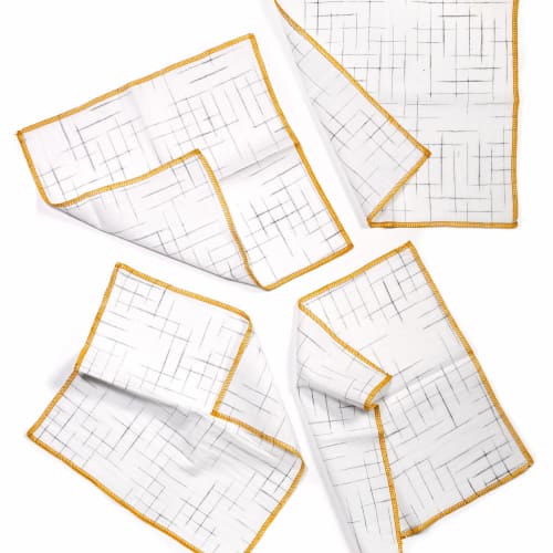 Summer School White and Gold Grid Cocktail Napkins, Set of 4 | Linens & Bedding by Willow Ship