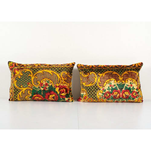 Set of Two Yellow Velvet Lumbar, Tribal Ethnic Pillow | Linens & Bedding by Vintage Pillows Store