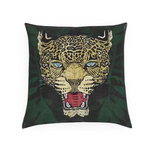 Jaguar w/ Marigold Leaves Velvet Cushion | Pillows by Sean Martorana