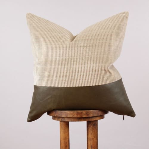 Light Green & Copper Velvet Stripes with Leather Decorative | Pillow in Pillows by Vantage Design