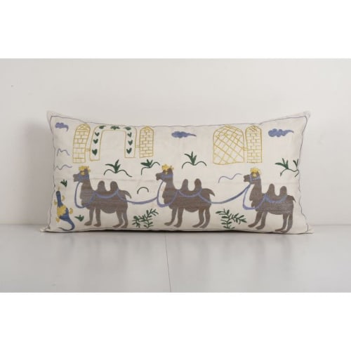 Vintage Oversize Suzani Pillow Cover with Camel Motifs, Anim | Pillows by Vintage Pillows Store