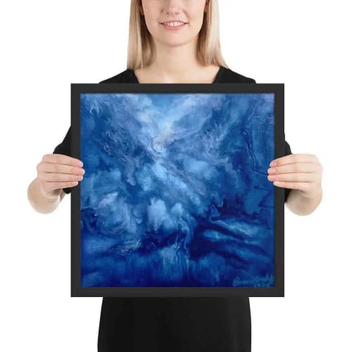 Framed Print - Thunder - Fluid Abstract Blue Storm Drama | Work by Eman's Gallery