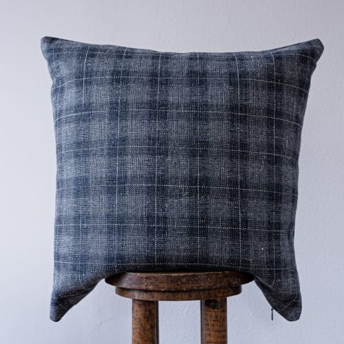 Charcoal & Navy Linen with White Plaid Stripe Pillow 24x24 | Pillows by Vantage Design