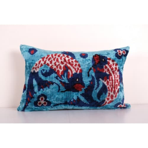 Fish Ikat Velvet Pillow, Handloom Silk Animal Lumbar Cushion | Pillows by Vintage Pillows Store