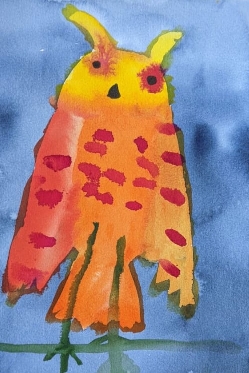 Orange Owl - Original Watercolor | Paintings by Rita Winkler - "My Art, My Shop" (original watercolors by artist with Down syndrome)