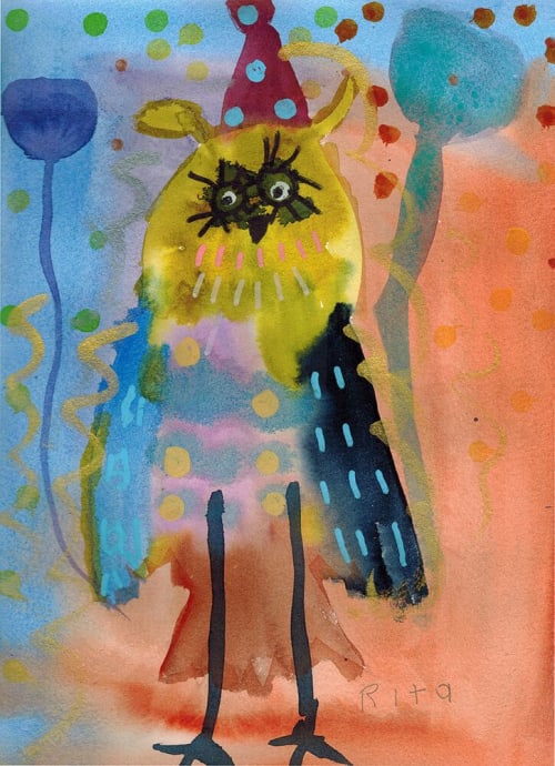Happy New Year  Owl - Original Watercolor | Paintings by Rita Winkler - "My Art, My Shop" (original watercolors by artist with Down syndrome)