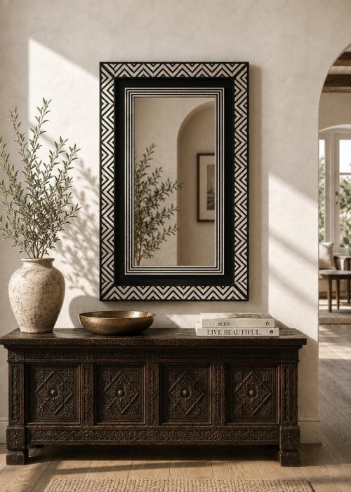 Art Deco Bone Inlay Chevron Mirror, Geometric Wall Decor, Handcrafted Black and White Frame | Decorative Objects by IKKAZA