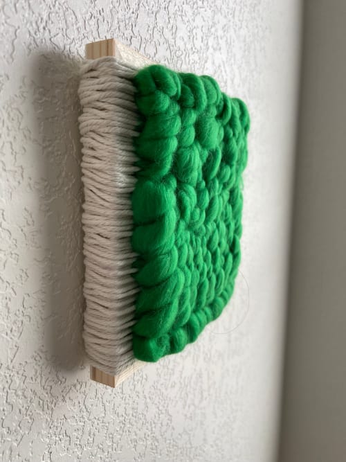 Woven Tile- Fluff- Green and White | Wall Sculpture in Wall Hangings by Mpwovenn Fiber Art by Mindy Pantuso