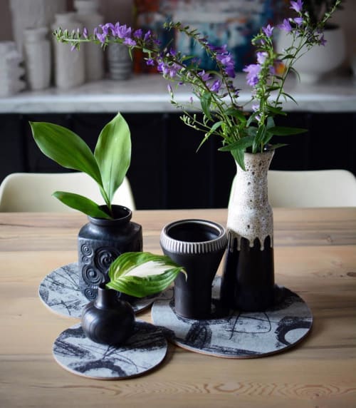 Trivet Set Merino Wool  'Fingerprint Flower' Black on Grey | Tableware by Lorraine Tuson