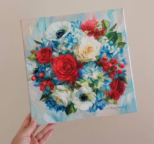 Bridal flowers portraits painting canvas original art red | Oil And Acrylic Painting in Paintings by Natart