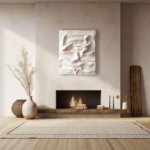 Textured 3D Plaster Painting: Handmade Beige & White Relief Wall Art, Folded Fabric Effect | Wall Hangings by Vaiva Art Atelier