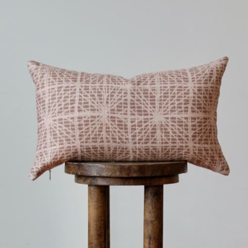 Pink & Brown Geometric Print on Linen Lumbar 12x20 | Pillows by Vantage Design