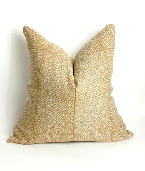 mustard block print pillow, yellow printed pillow | Pillows by Velvet Fringe