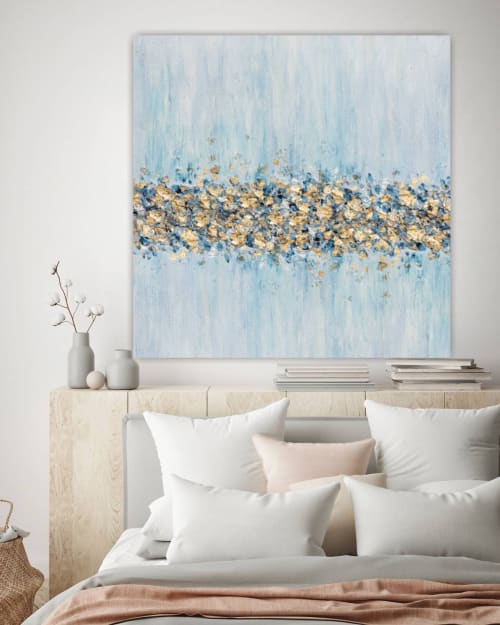 Abstract gold leaf painting blue painting gold dots silver | Oil And Acrylic Painting in Paintings by Berez Art