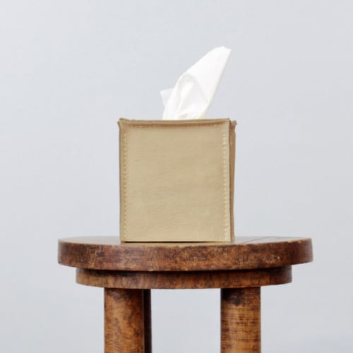 Tan-Beige Leather Single Tissue Box Cover | Decorative Objects by Vantage Design