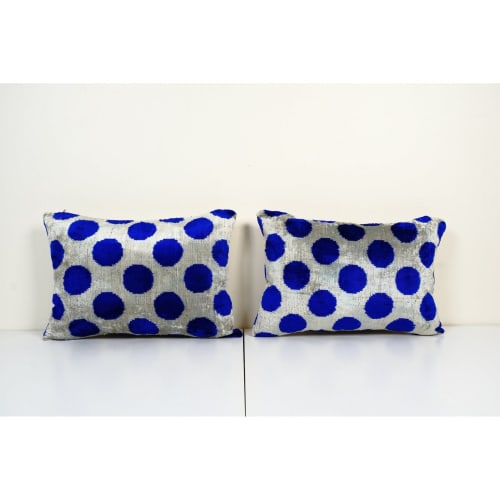 Ikat Blue Polka Dot Pillow Pillow Cover - Set of Two Silk | Linens & Bedding by Vintage Pillows Store