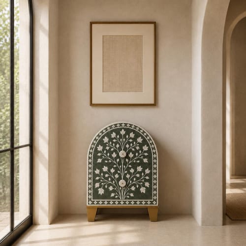 Emerald Green Bone Inlay Arched Nightstand Tree of Life Boho Bedside Table | Storage by IKKAZA