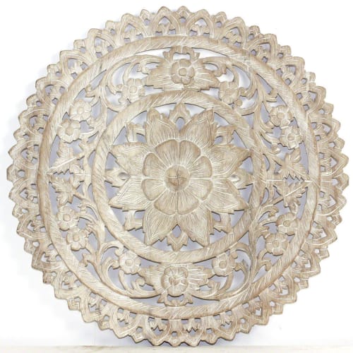 Haussmann® Teak Lotus Panel Inlay Round 60 cm H Sand Washed | Art & Wall Decor by Haussmann®
