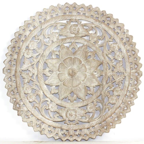 Haussmann® Teak Lotus Panel Inlay Round 60 cm H Sand Washed | Engraving in Art & Wall Decor by Haussmann®