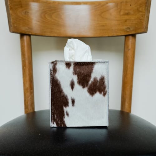 Dark Brown and White Spotted Hair-On-Hide Leather Tissue Box Cover | Storage by Vantage Design