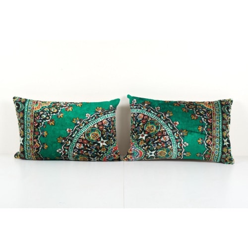 Pair Green Velvet Pillow Cover, Set of Two Floral Lumbar Cus | Linens & Bedding by Vintage Pillows Store