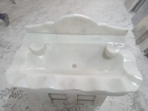Hand Carved Carrara Marble Sink: 21”x34” Wall Mount Washbasin | Water Fixtures by AEGEAN MARBLE ARTISAN ATELIER