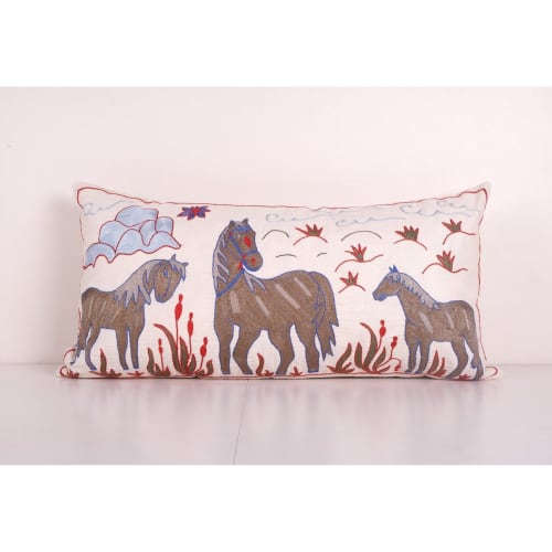 Suzani Horse Pillow Cover, Animal Pictorial Cotton on Cotton | Pillows by Vintage Pillows Store