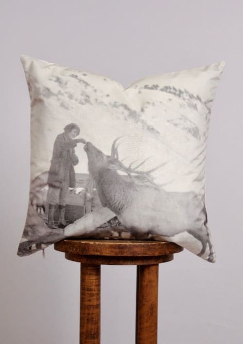 "Feeding Elk 2" Velvet Decorative Pillow 20x20 | Pillows by Vantage Design