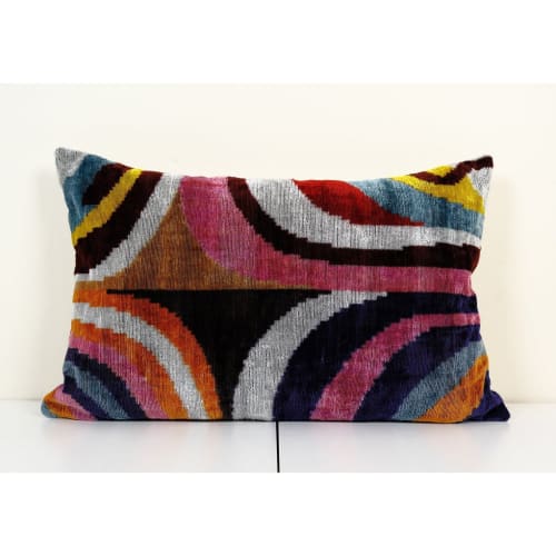Ikat Velvet Pillow, Silk Ikat Lumbar Cushion Cover, Colorful | Linens & Bedding by Vintage Pillows Store