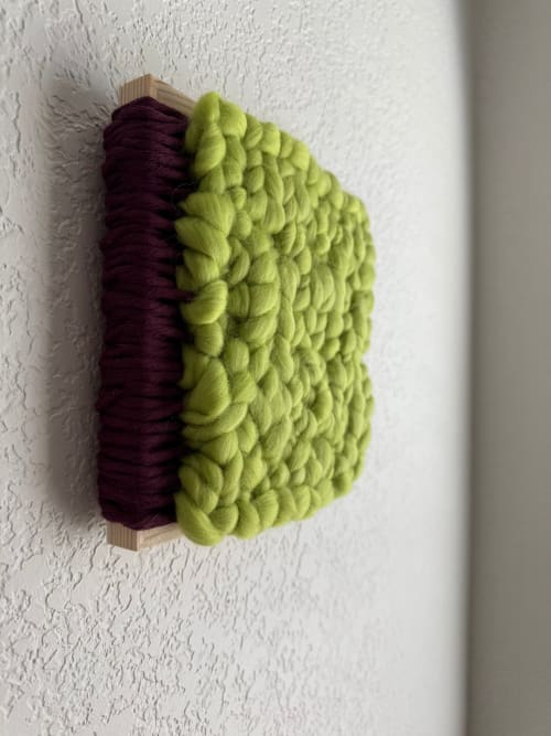 Woven Tile- Fluff- Maroon and Lime Green | Wall Hangings by Mpwovenn Fiber Art by Mindy Pantuso