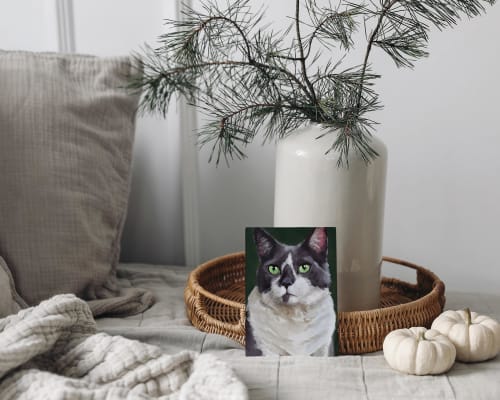 Tuxedo Cat Art Print, Cheerful Whiskered Feline Wall Art, Living Room Painting | Prints in Paintings by The Ugly Cat Studio
