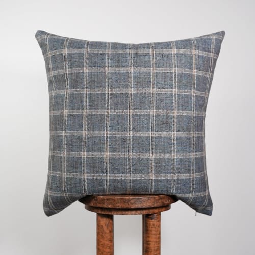 Cool Toned Multi Colored Plaid Linen Pillow 24x24 | Pillows by Vantage Design