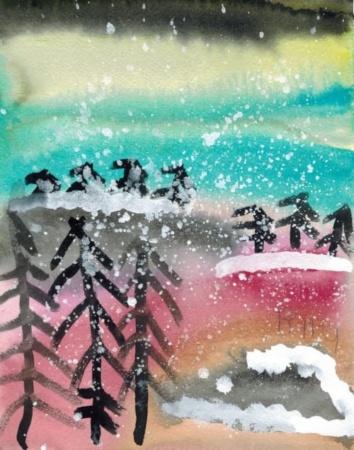 Snowy Winter Night - Original Watercolor | Paintings by Rita Winkler - "My Art, My Shop" (original watercolors by artist with Down syndrome)