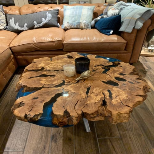 Live Edge Coffee Table with Epoxy Resin Olive Wood Burl Slab Round Custom Center and Side Table | Tables by Ironscustomwood