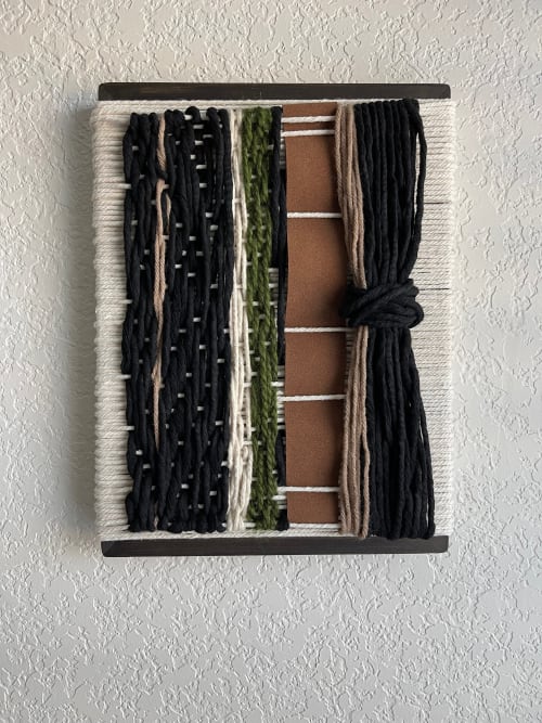 Woven Tile- Black, Suede and Green | Wall Sculpture in Wall Hangings by Mpwovenn Fiber Art by Mindy Pantuso