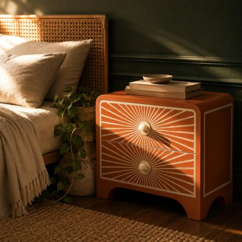 Terracotta Bone Inlay Nightstand, Sunburst Curved Bedside Table, 2 Drawer Burnt Orange 70s Furniture | Storage by IKKAZA