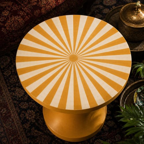 Handmade Bone Inlay Sunburst Pedestal Table Mustard Yellow side table | End Table in Tables by IKKAZA