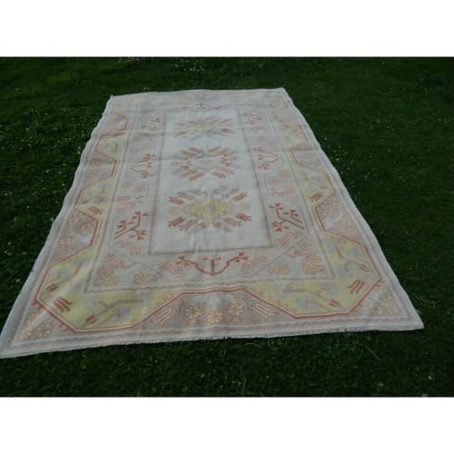 Vintage Hand-Knotted Orange Low Pile Wool Oushak Rug | Rugs by Vintage Pillows Store