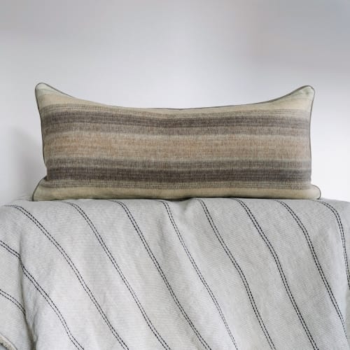 Neutral Striped Wool with Wool Welt Lumbar Pillow 16x34 | Pillows by Vantage Design