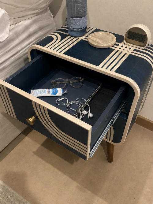 Handmade Art Deco Bone Inlay Nightstand Chic Bedside Table, Brass Knobs, Walnut Legs | Storage by IKKAZA