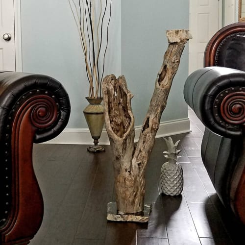 Driftwood Sculpture "Promontory" with White Crystal Quartz C | Sculptures by Sculptured By Nature  By John Walker