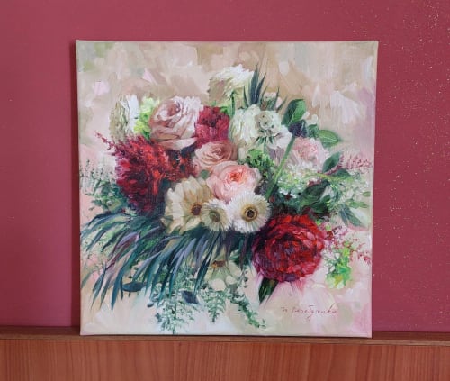 Bridal red white flowers portraits painting canvas original | Oil And Acrylic Painting in Paintings by Natart